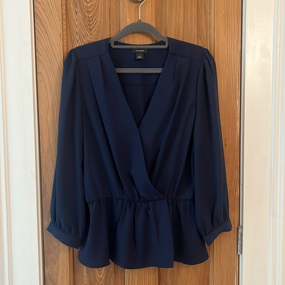 Navy Blue Peplum Wrap Blouse - Picture 1 of 3